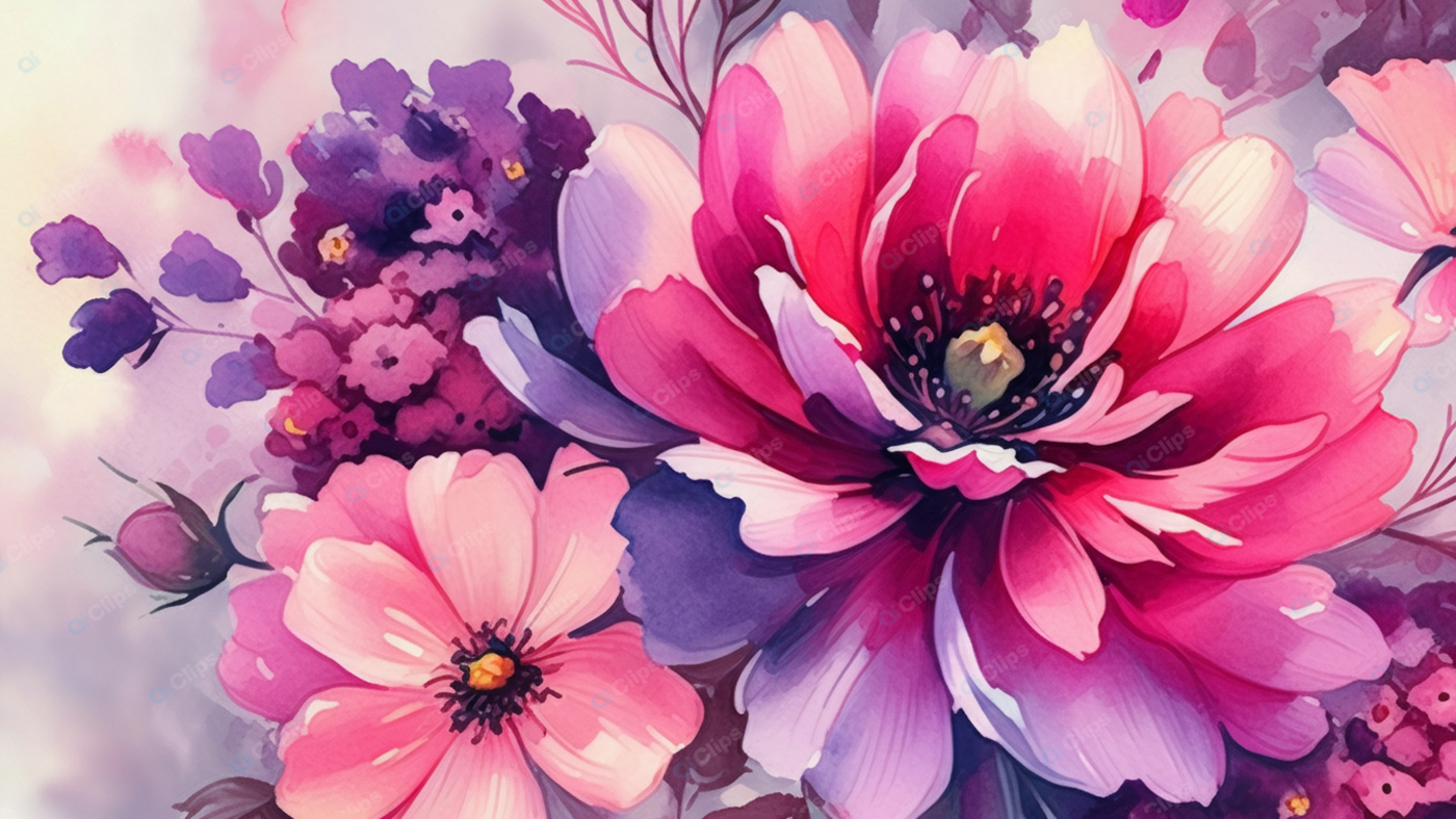 Vibrant Floral Watercolor Art with Pink and Purple Blooms