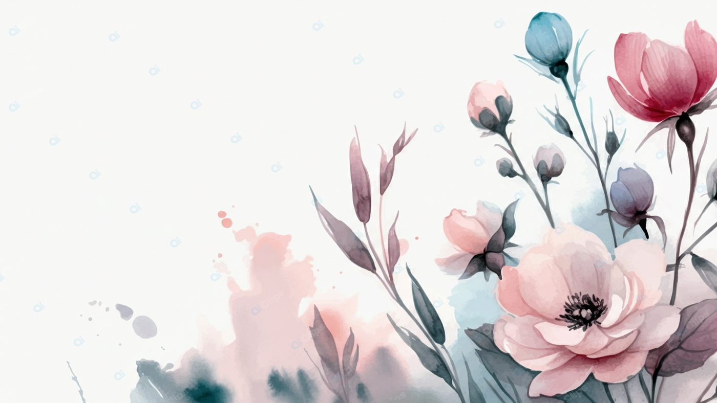 Watercolor Floral Art with Pastel Flowers and Leaves