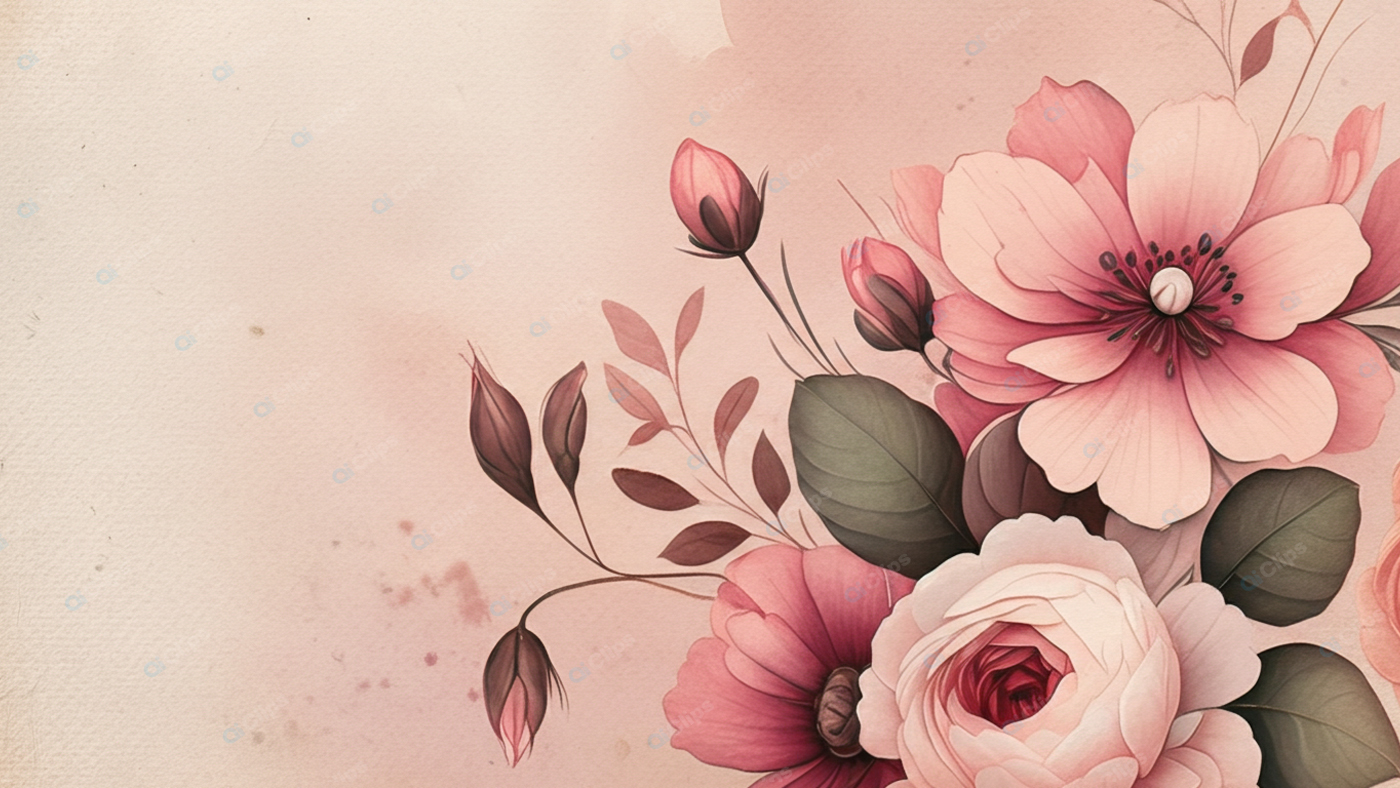 Pink Floral Watercolor Art with Leaves and Buds