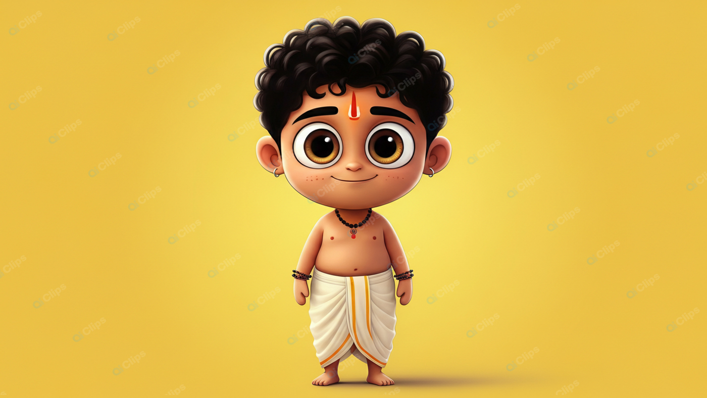Cartoon Hindu Boy with Curly Hair and Tilak Illustration