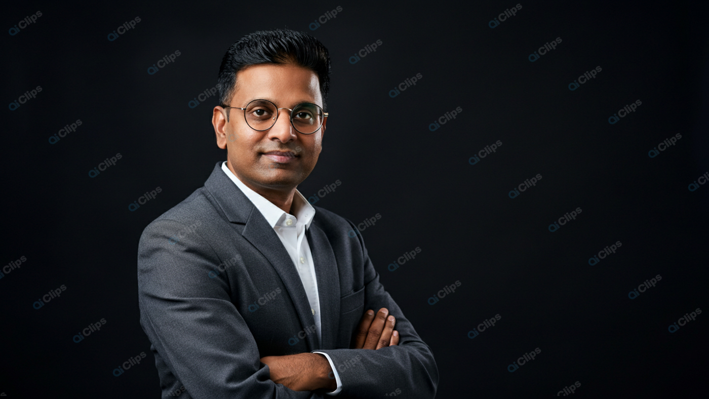 Businessman in Gray Suit with Glasses on Black Background