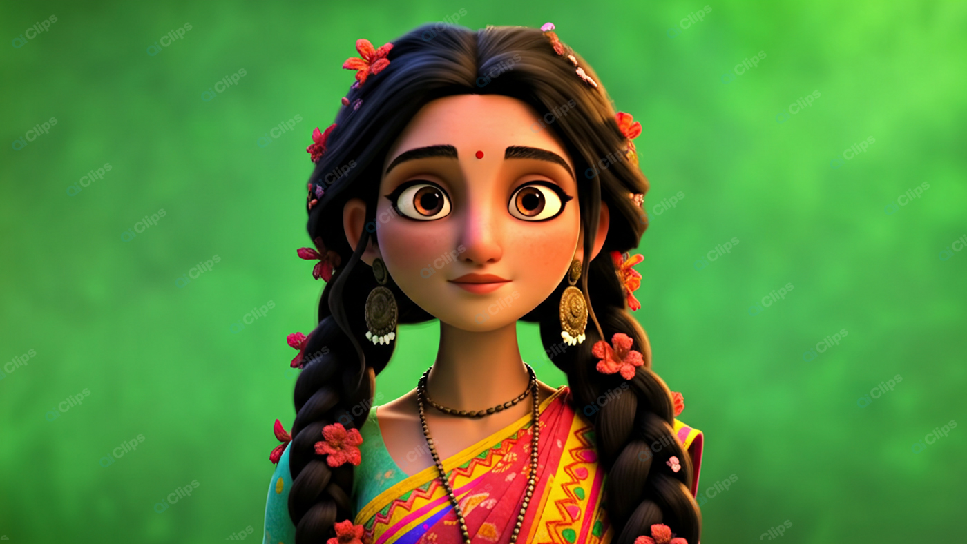 Traditional Indian Woman in Colorful Attire with Floral Braids
