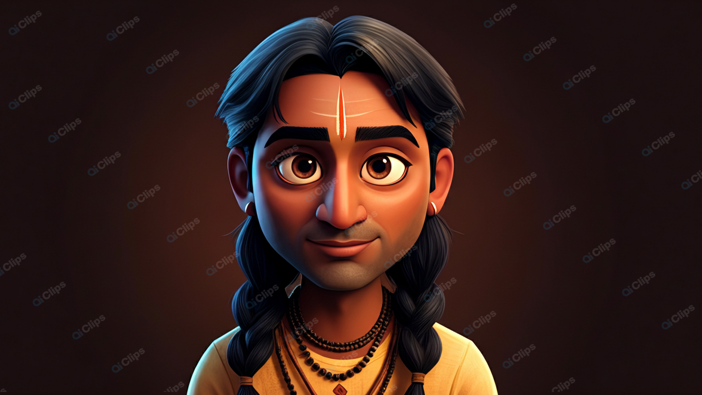 Animated Character Portrait with Traditional Attire and Accessories
