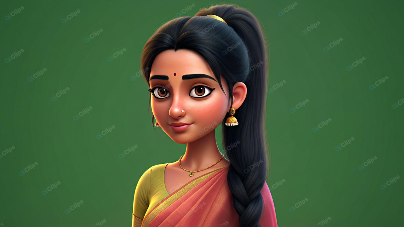 Animated Traditional Woman Portrait in Saree on Green Background