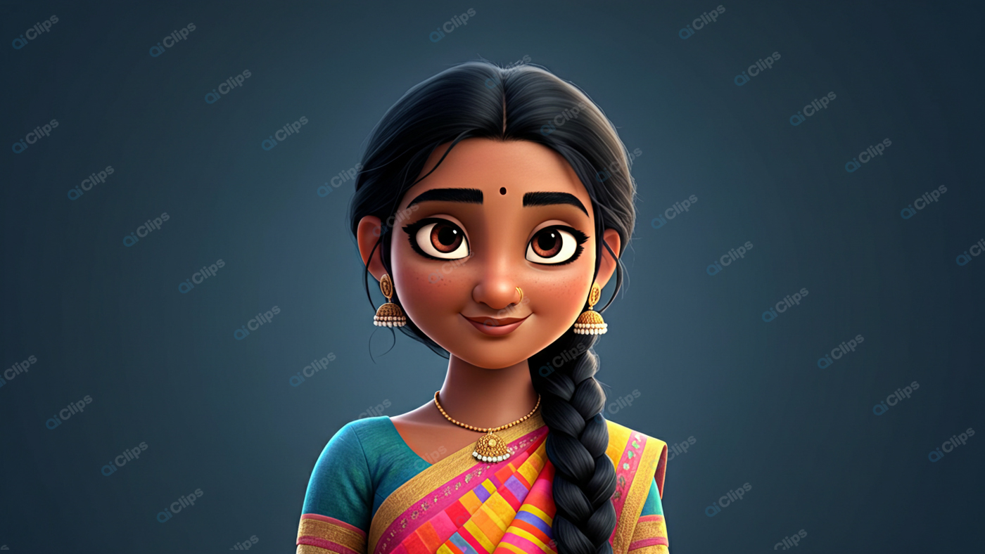 Traditional Animated Character in Vibrant Sari with Braided Hair