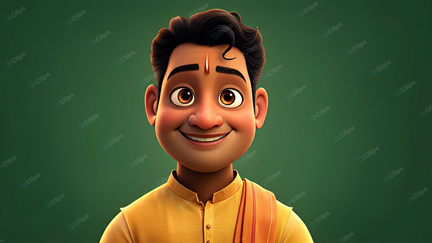 Smiling Animated Character in Traditional Attire on Green Background