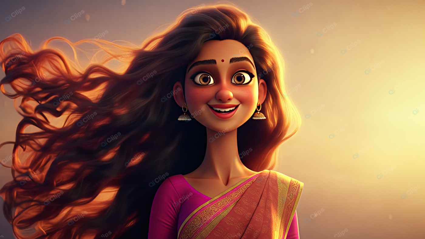 Animated Woman in Traditional Attire with Flowing Hair