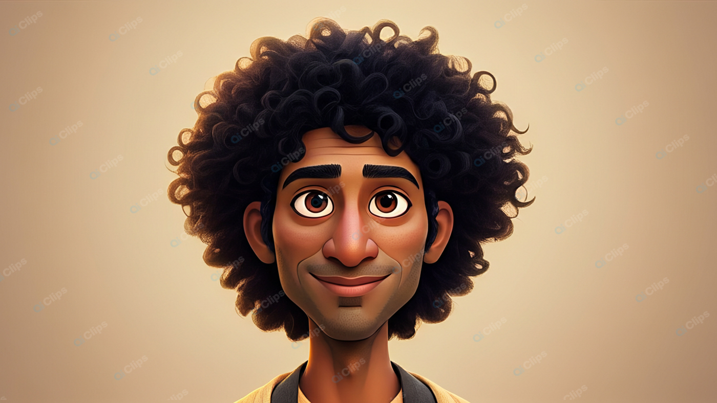 Animated Character with Curly Hair and Brown Eyes