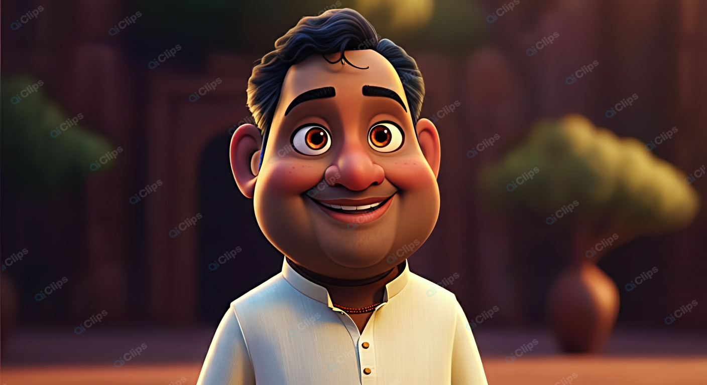 Smiling Cartoon Character in Traditional Outfit