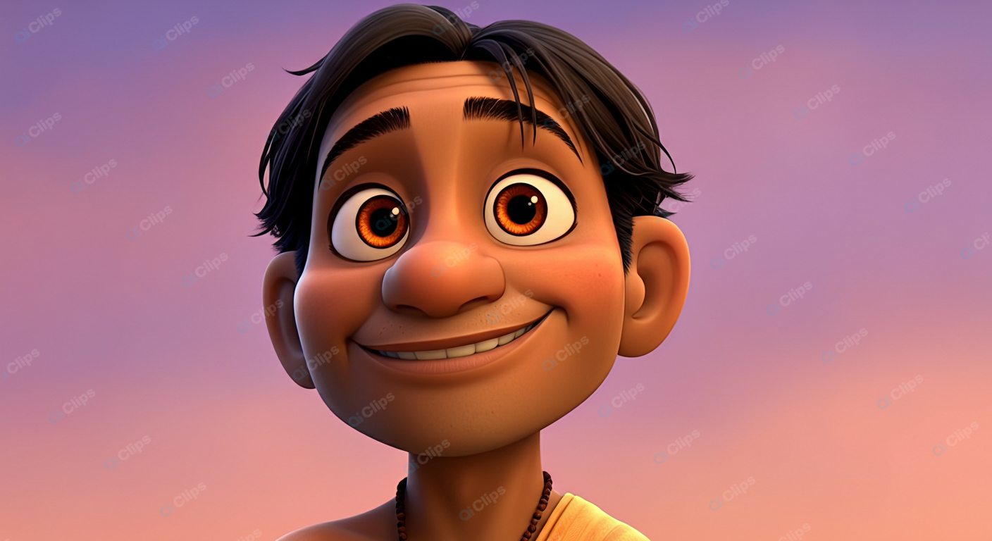 Animated Smiling Character Against Sunset Background