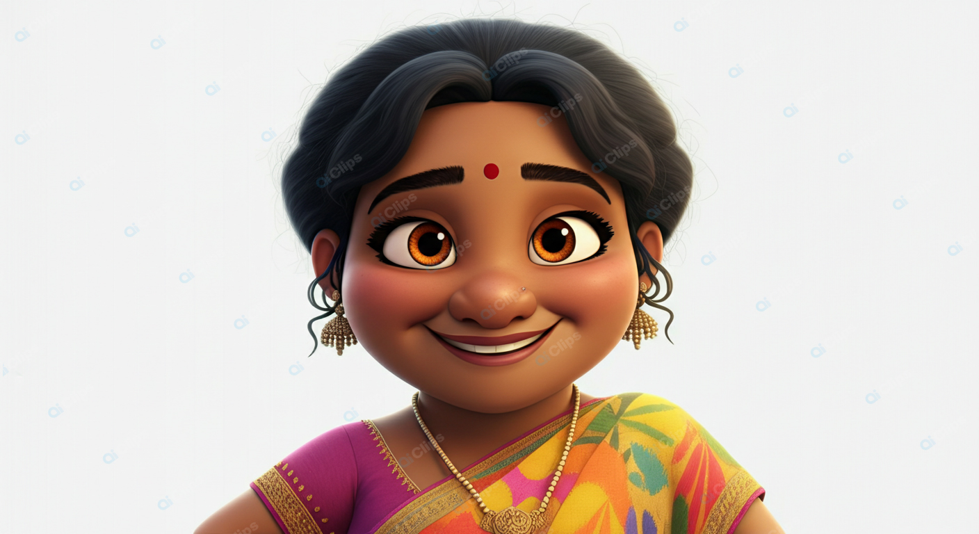 Animated Woman in Traditional Colorful Saree with Jewelry