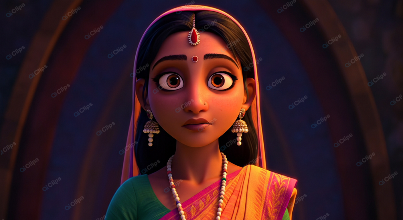 Traditional Animated Character with Jewelry and Sari