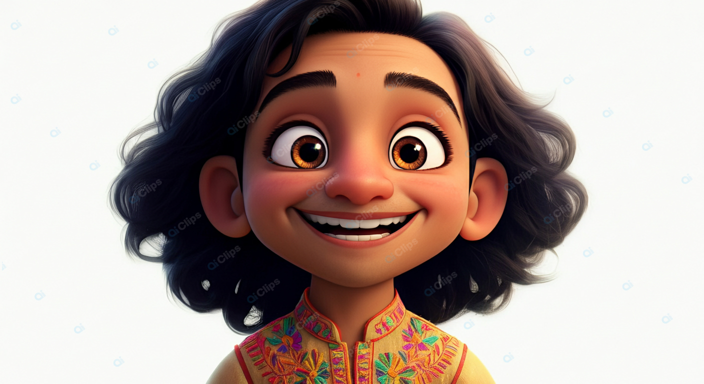 Childlike Animated Character with Embroidered Outfit and Curly Hair