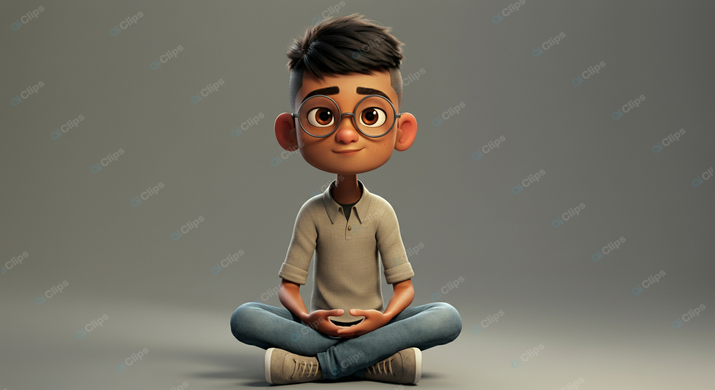 Animated Boy Sitting Cross-Legged with Glasses