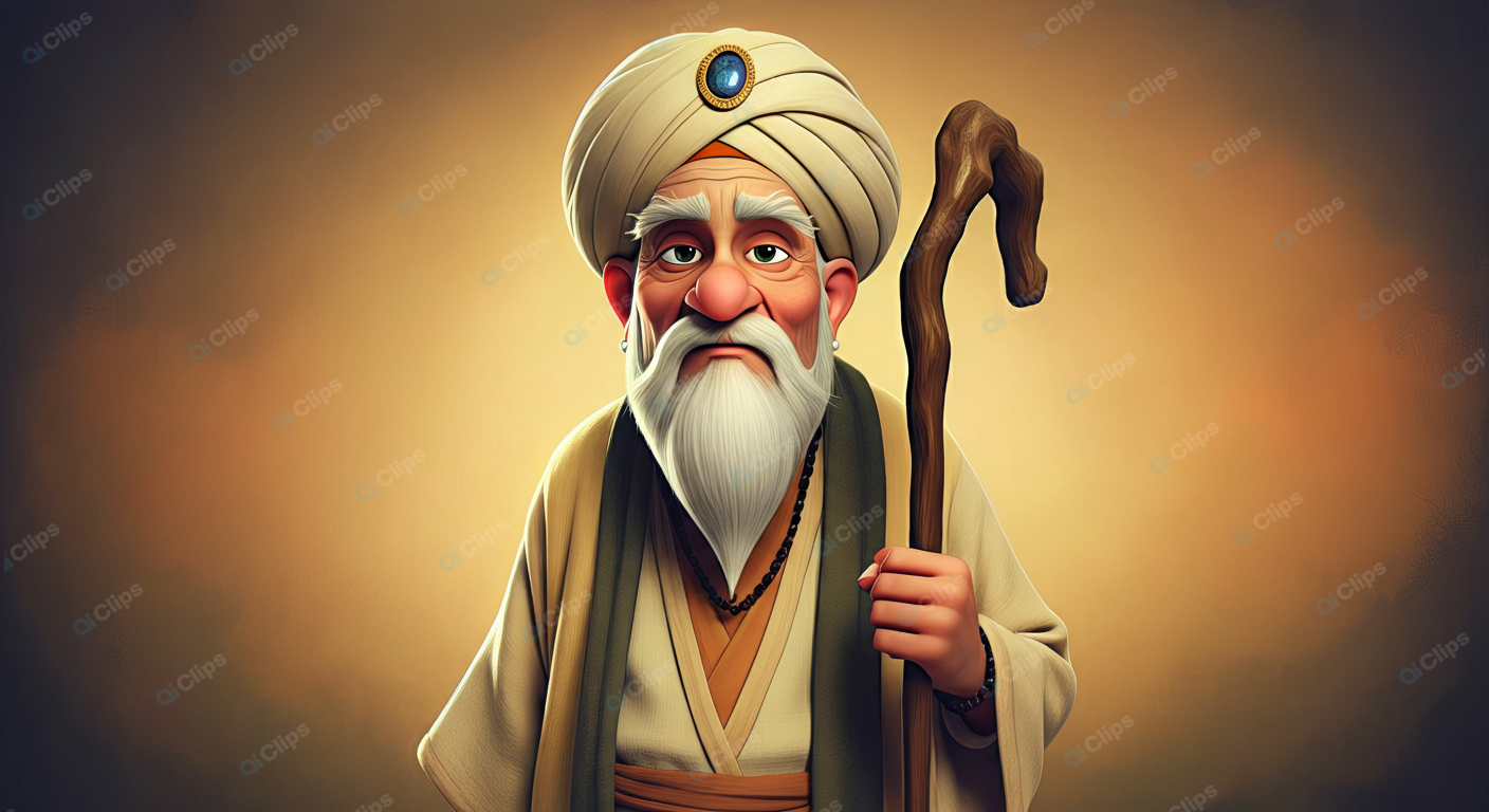 Wise Elderly Man with Turban and Staff Portrait