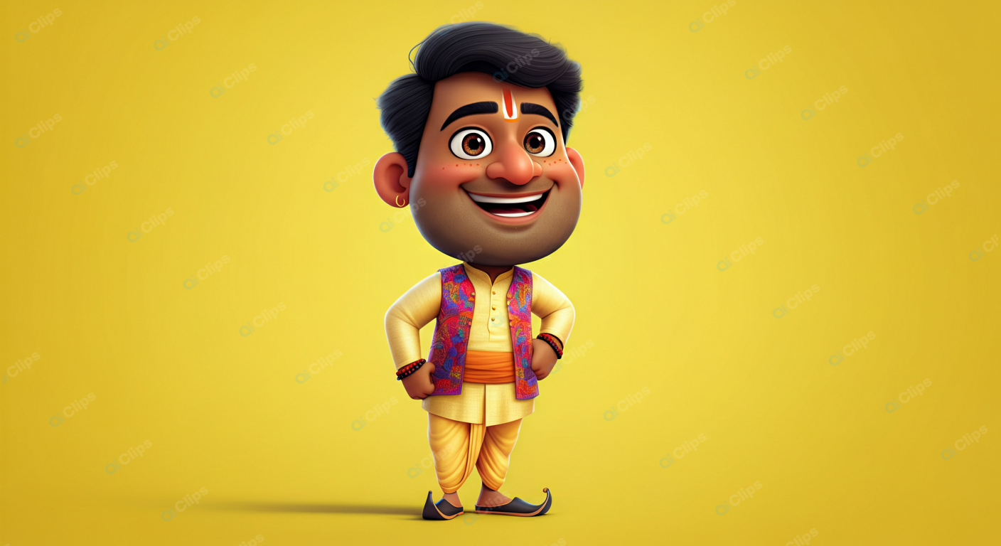 Cartoon Character in Traditional Indian Attire on Yellow Background