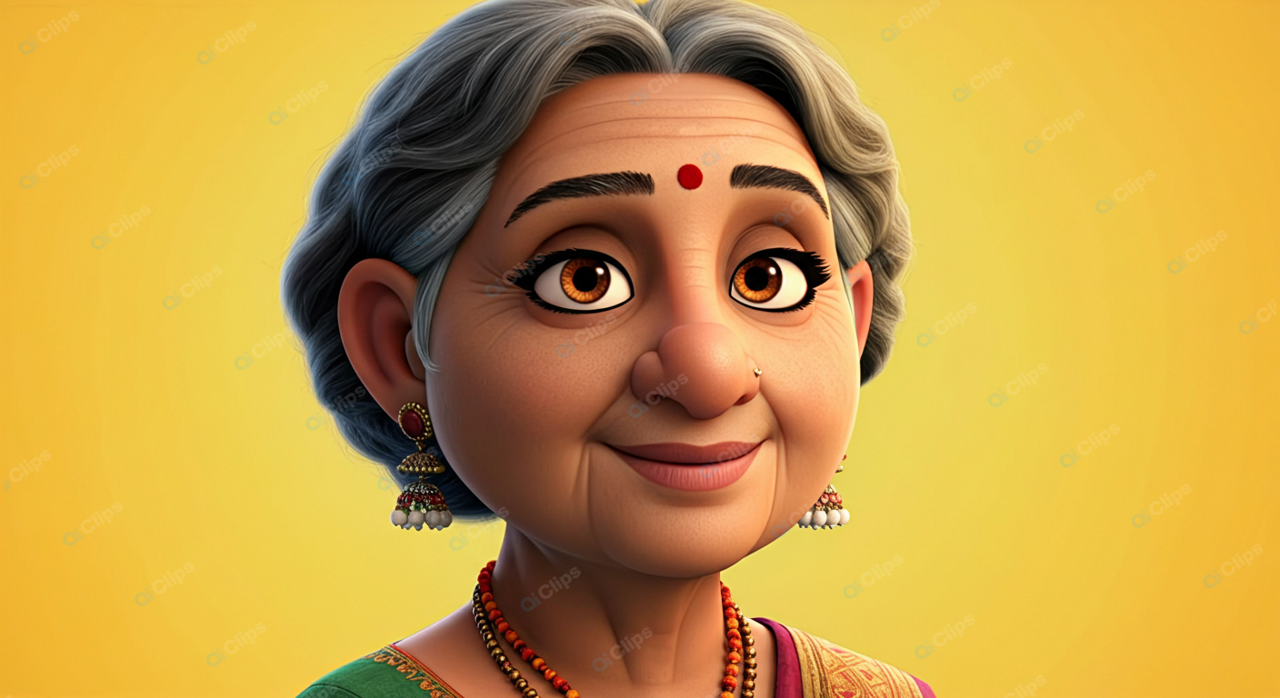 Elderly Indian Woman Animated Portrait with Jewelry