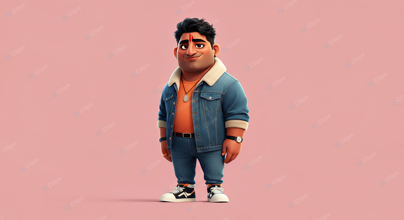 Animated Character in Denim Outfit on Pink Background