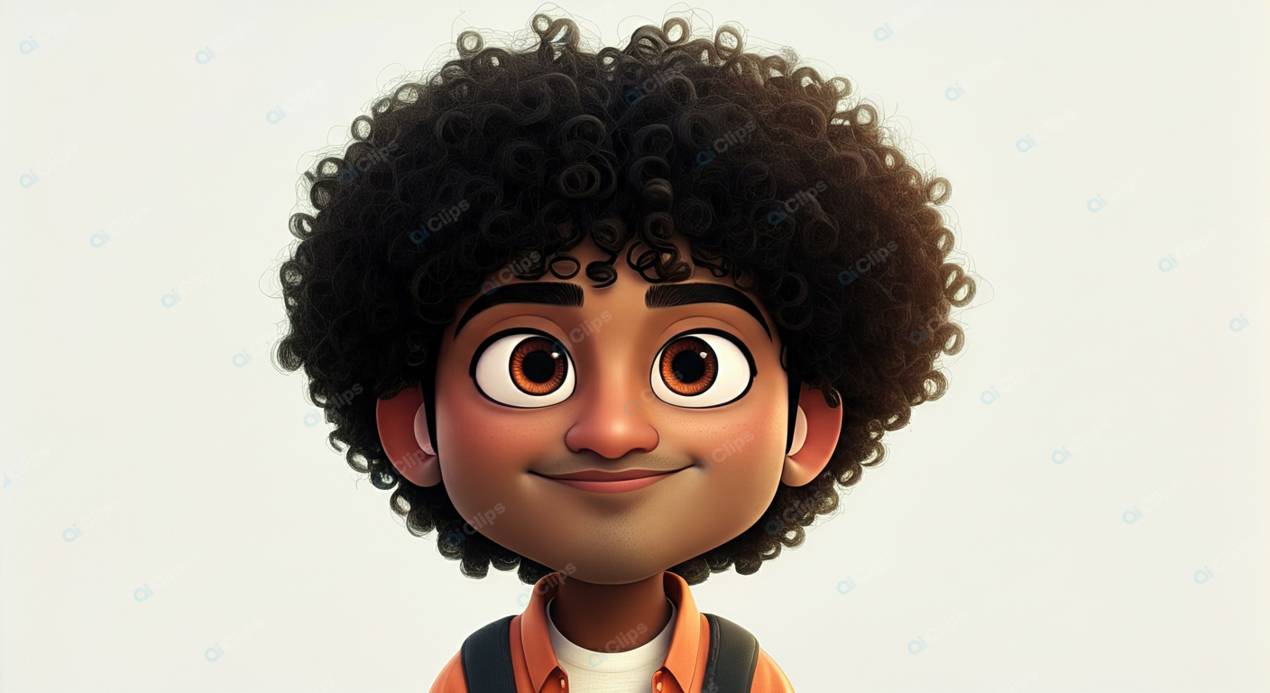 Animated Character with Curly Hair and Big Eyes