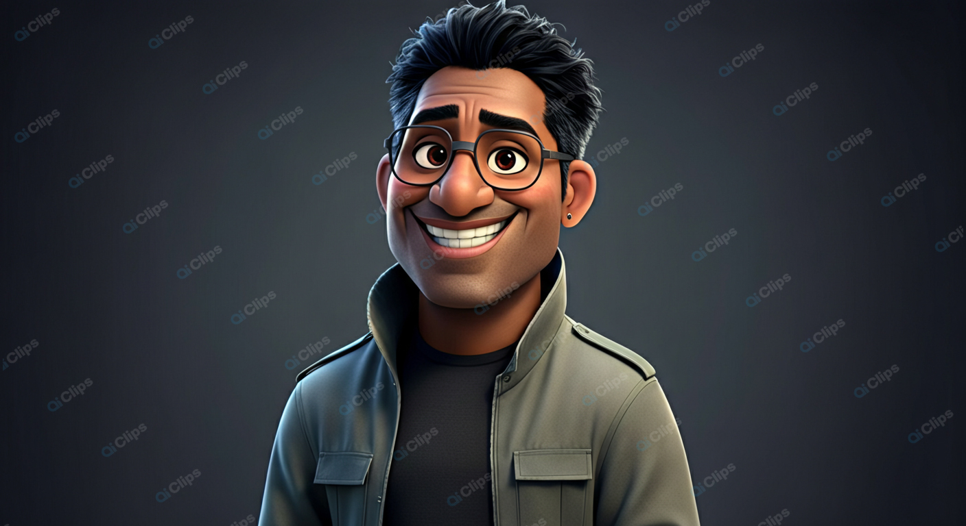 Animated Character with Glasses and Big Smile in Stylish Jacket