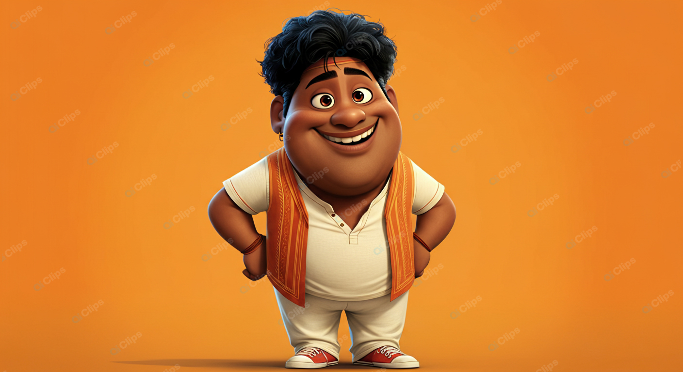 Smiling Cartoon Character in Colorful Outfit on Orange Background