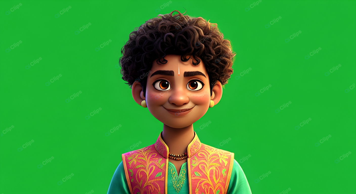 Animated Character with Traditional Attire on Green Background