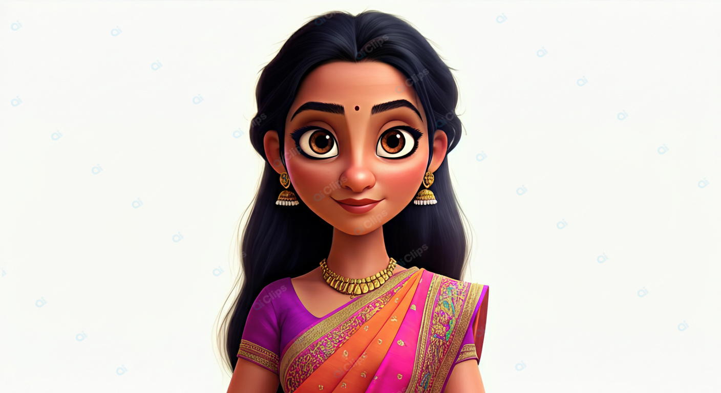 Traditional Animated Woman in Vibrant Saree