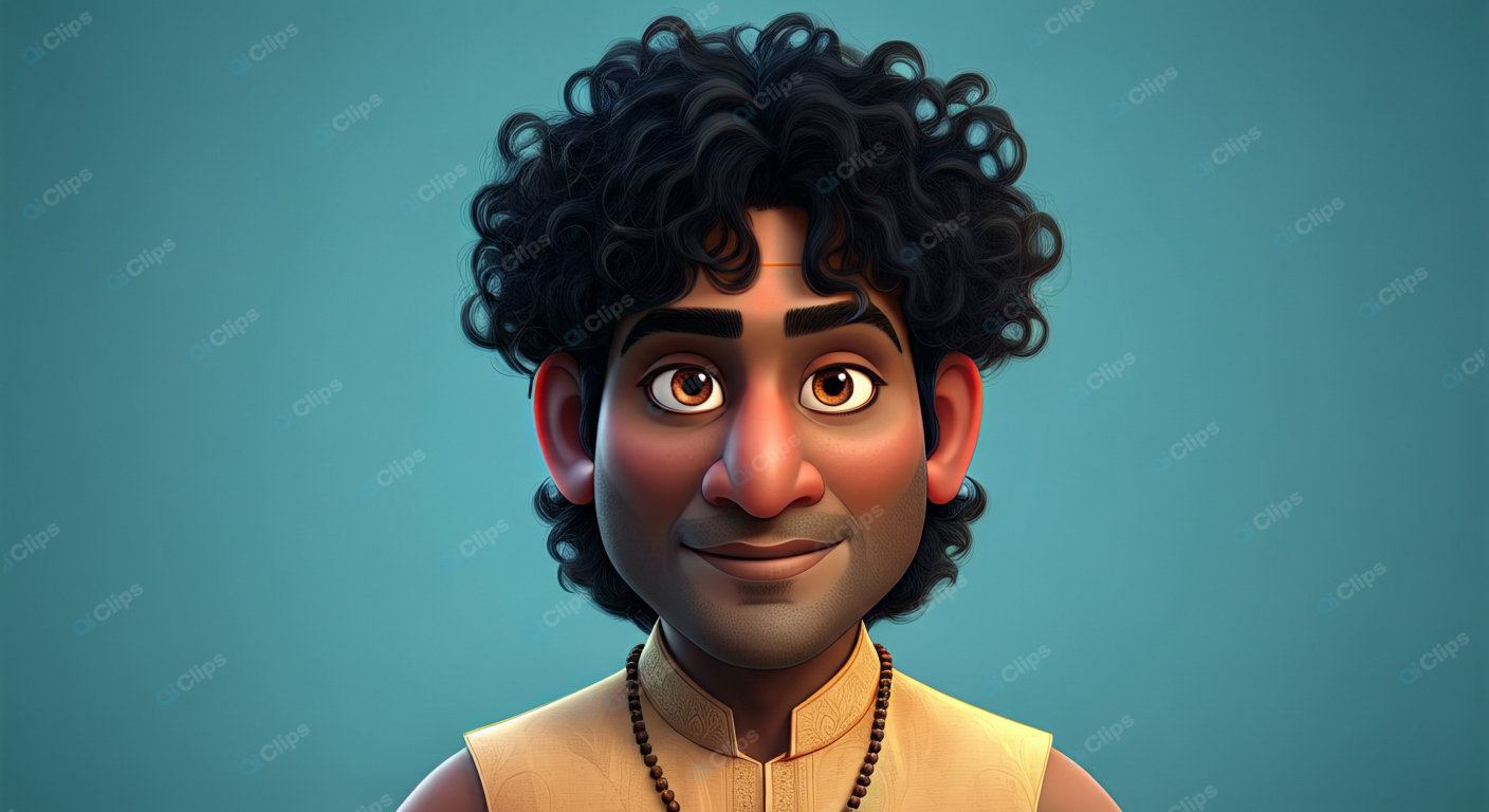 Curly-Haired Animated Character with Beaded Necklace