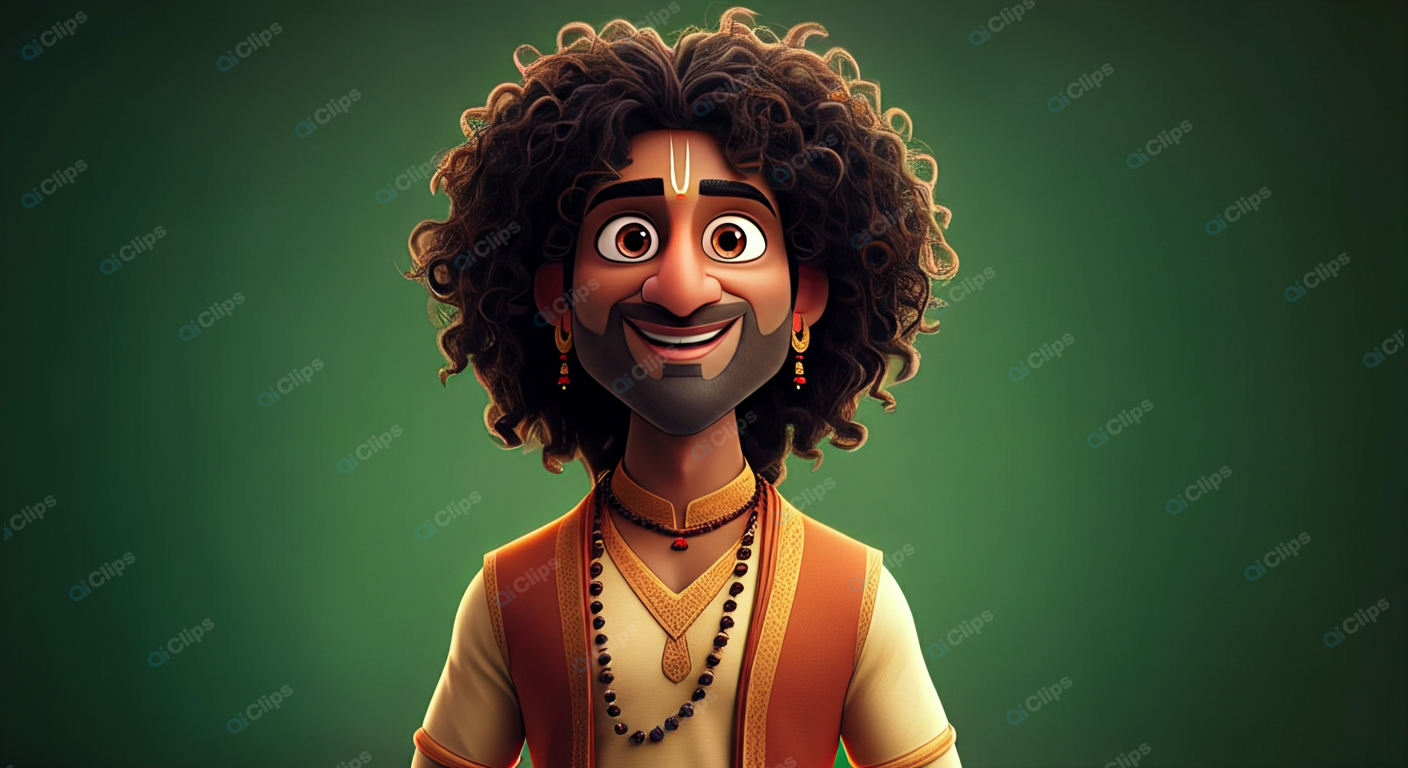 Traditional Animated Character with Curly Hair and Jewelry