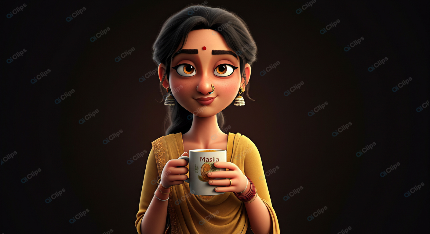Animated Woman Sipping Tea in Traditional Attire