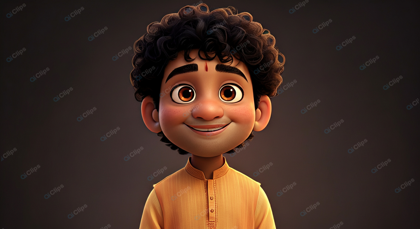 Happy Animated Boy with Curly Hair in Traditional Outfit