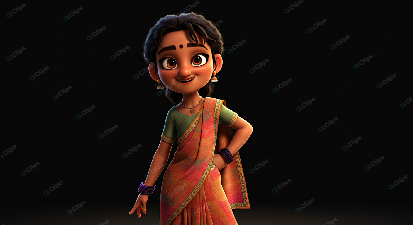 3D Animated Woman in Traditional Indian Attire on Black Background