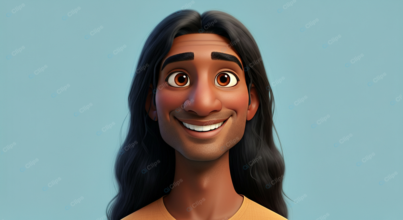 Smiling Animated Character with Long Hair on Blue Background