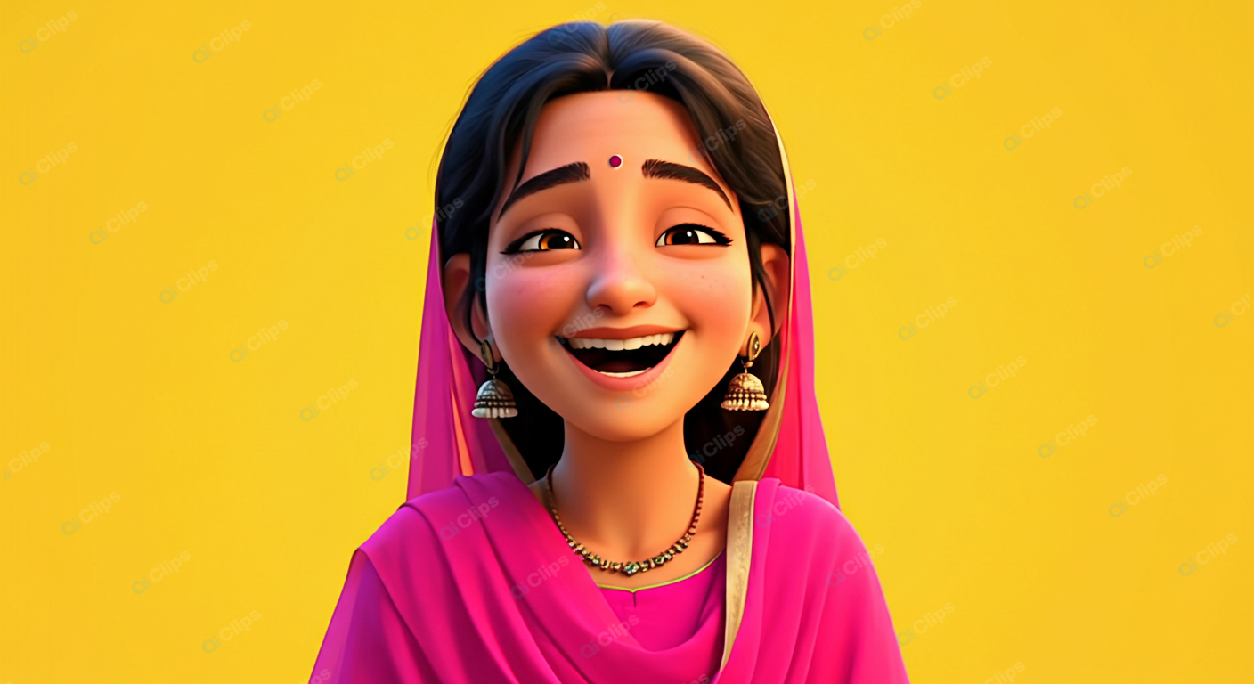 Cheerful Animated Girl in Pink Traditional Dress Against Yellow Background