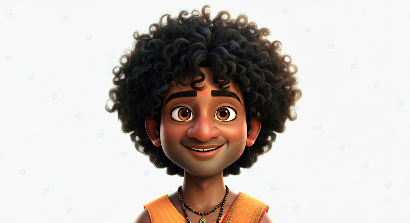 Animated Character with Curly Hair and Vibrant Smile