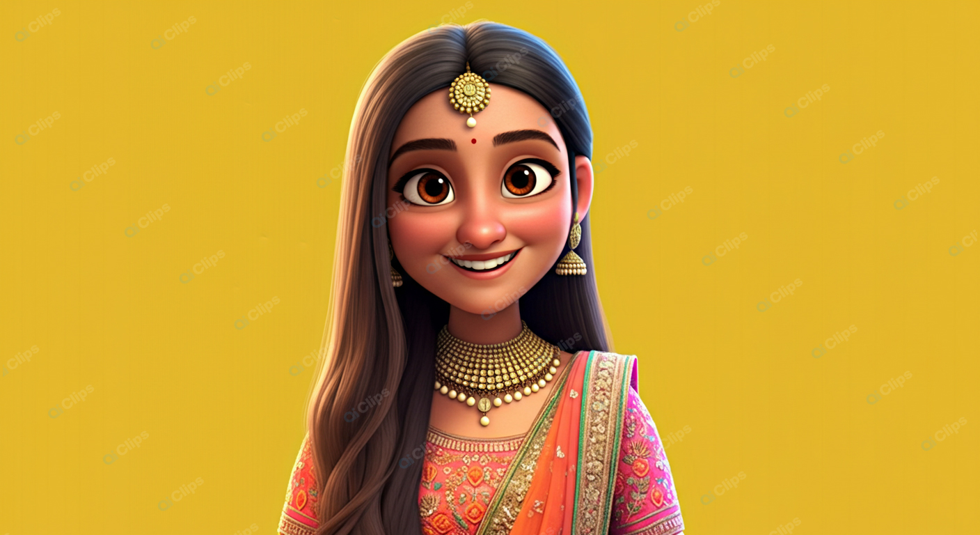 Traditional Animated Character with Jewelry on Yellow Background