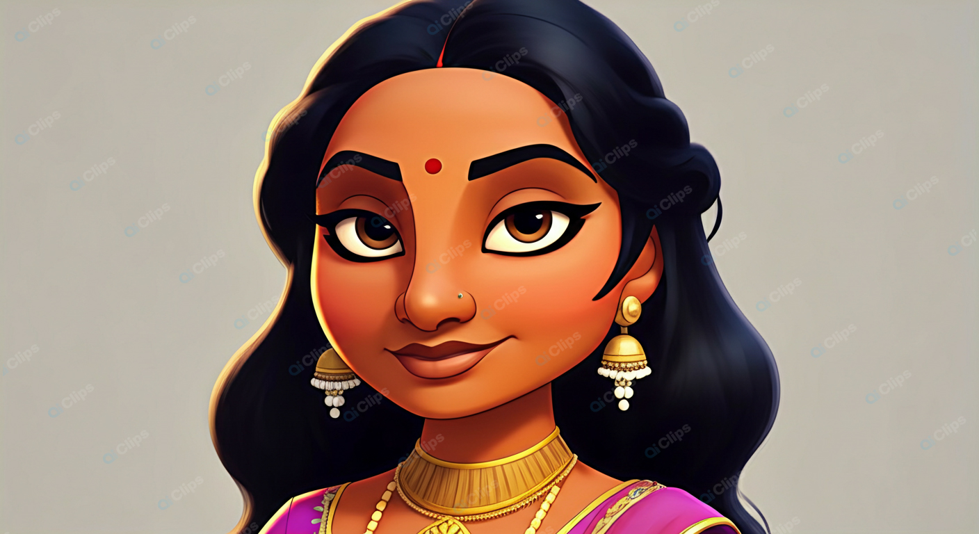 Traditional Cartoon Princess with Jewelry and Saree