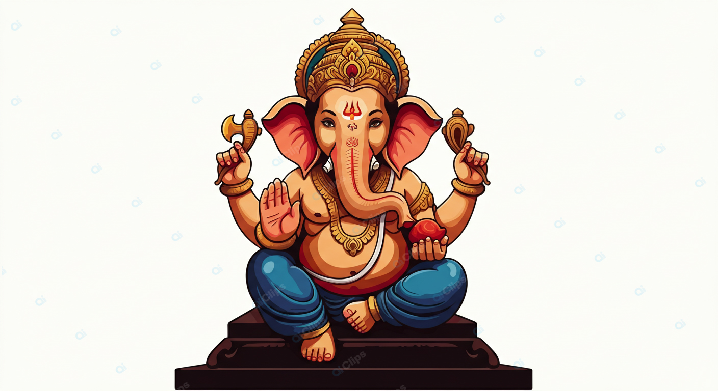 Ganesh Illustration with Traditional Symbols on Pedestal