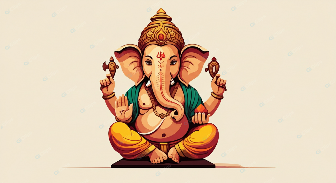 Ganesha Illustration with Traditional Attire and Symbols