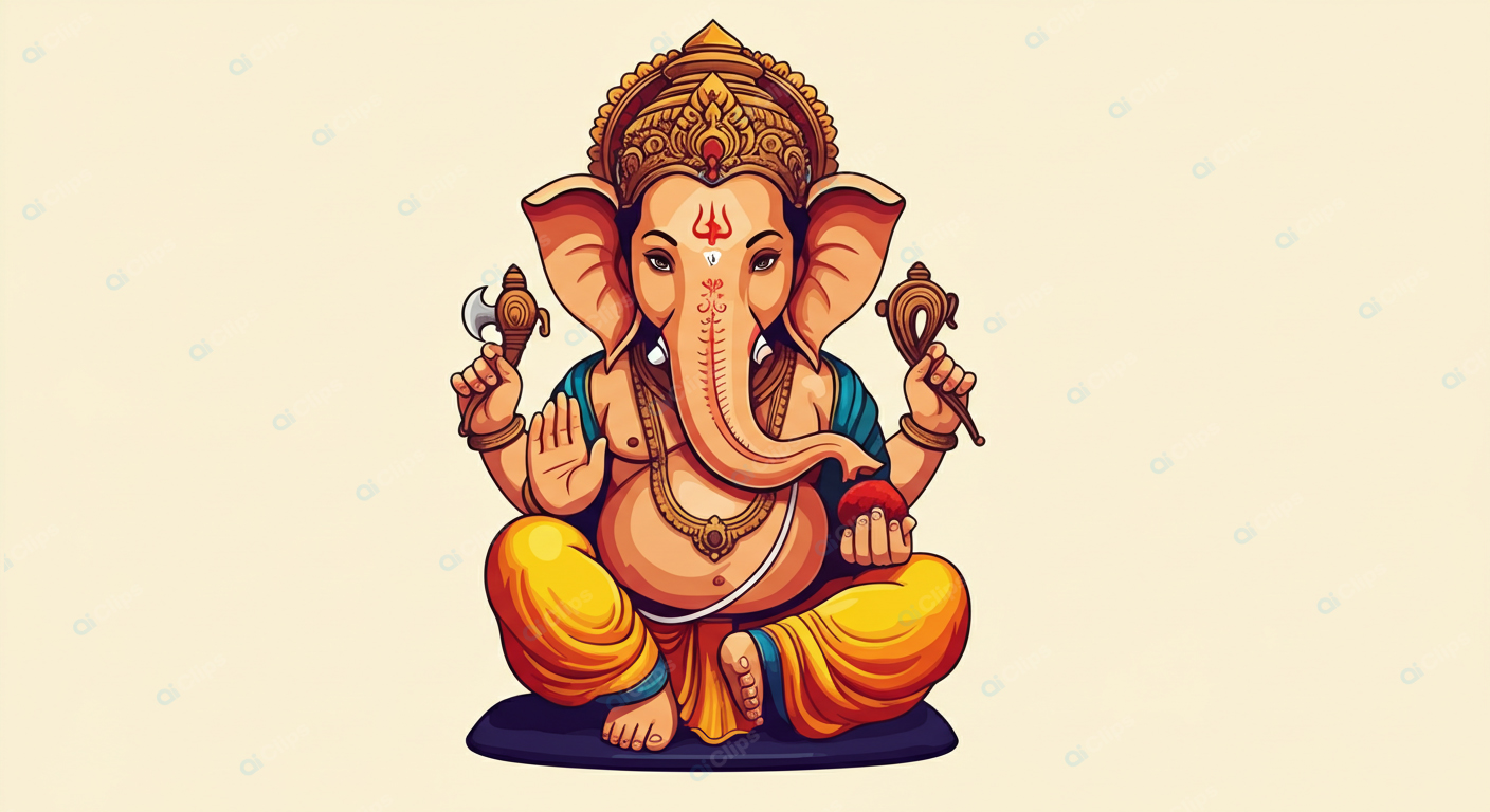 Ganesha Illustration in Traditional Attire with Symbols