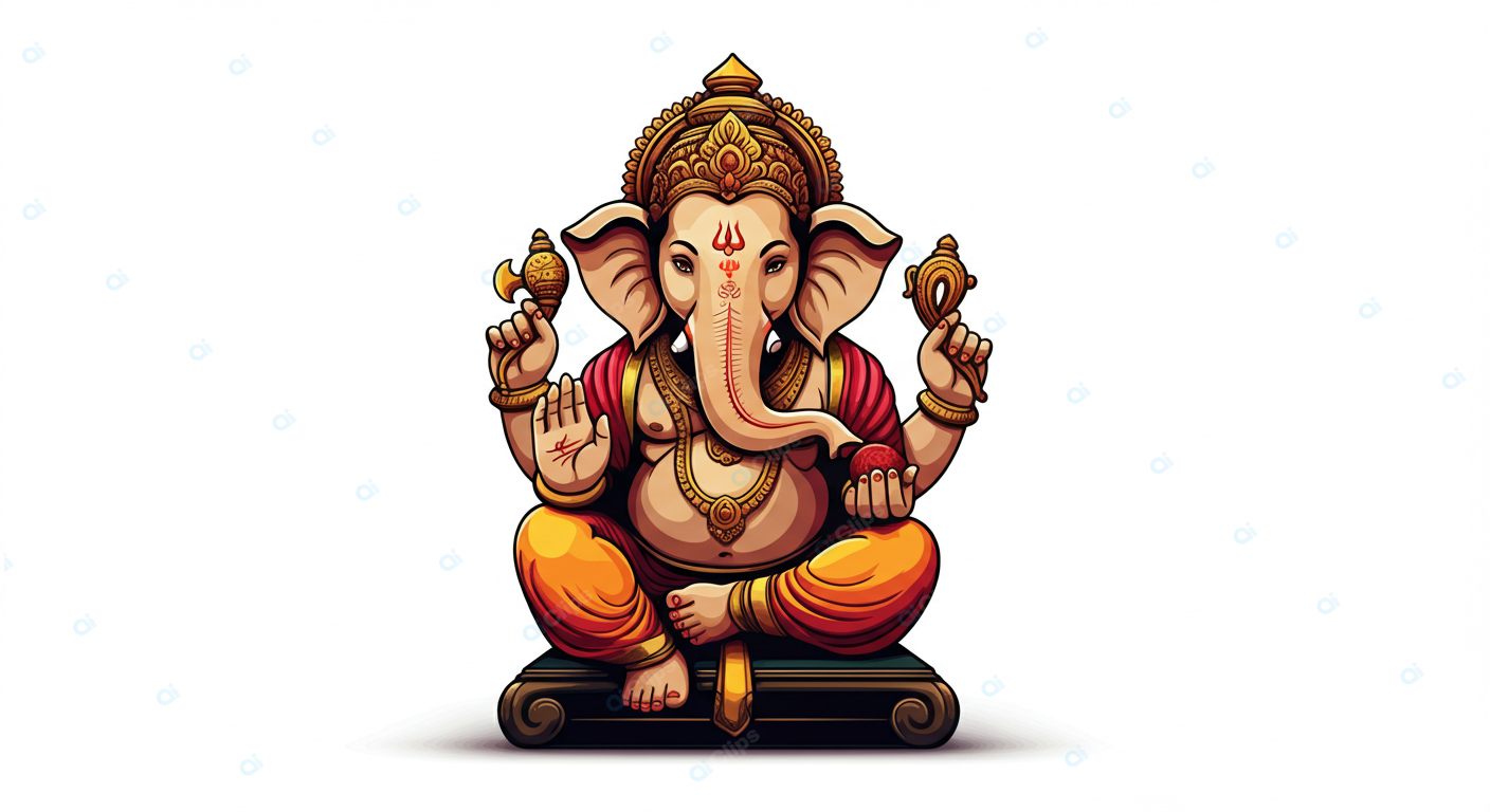 Ganesha Illustration with Traditional Ornaments and Symbols