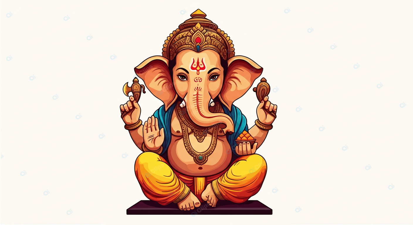 Vibrant Illustration of Lord Ganesha with Auspicious Symbols