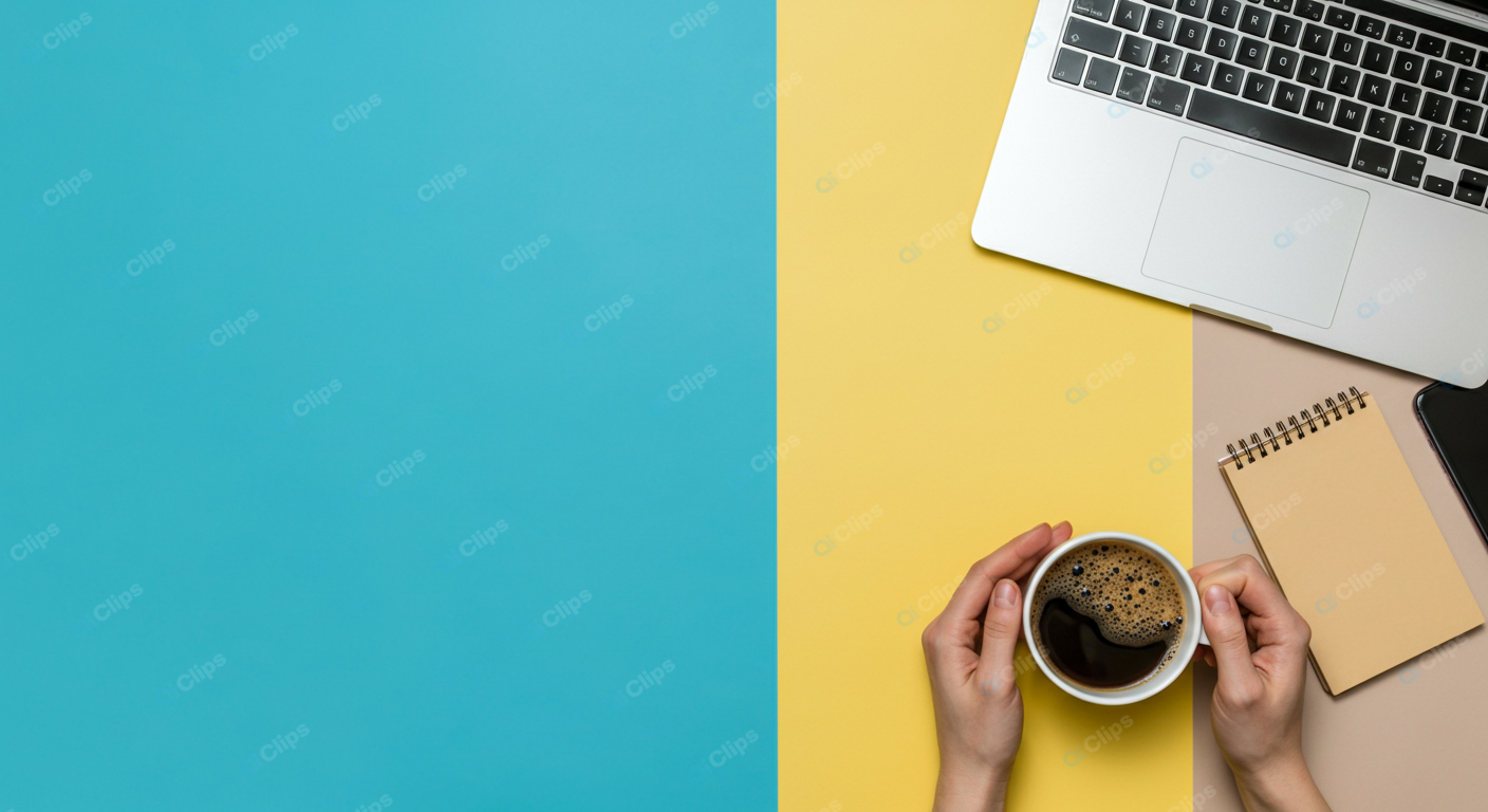 Work Desk with Coffee and Laptop on Colorful Background