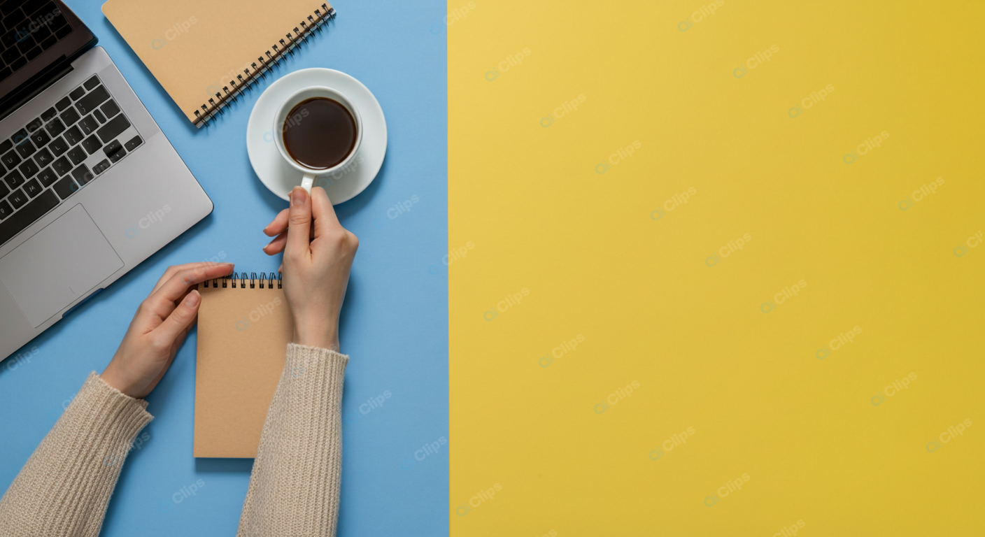 Workspace with Laptop, Coffee, and Notepads on Colorful Background