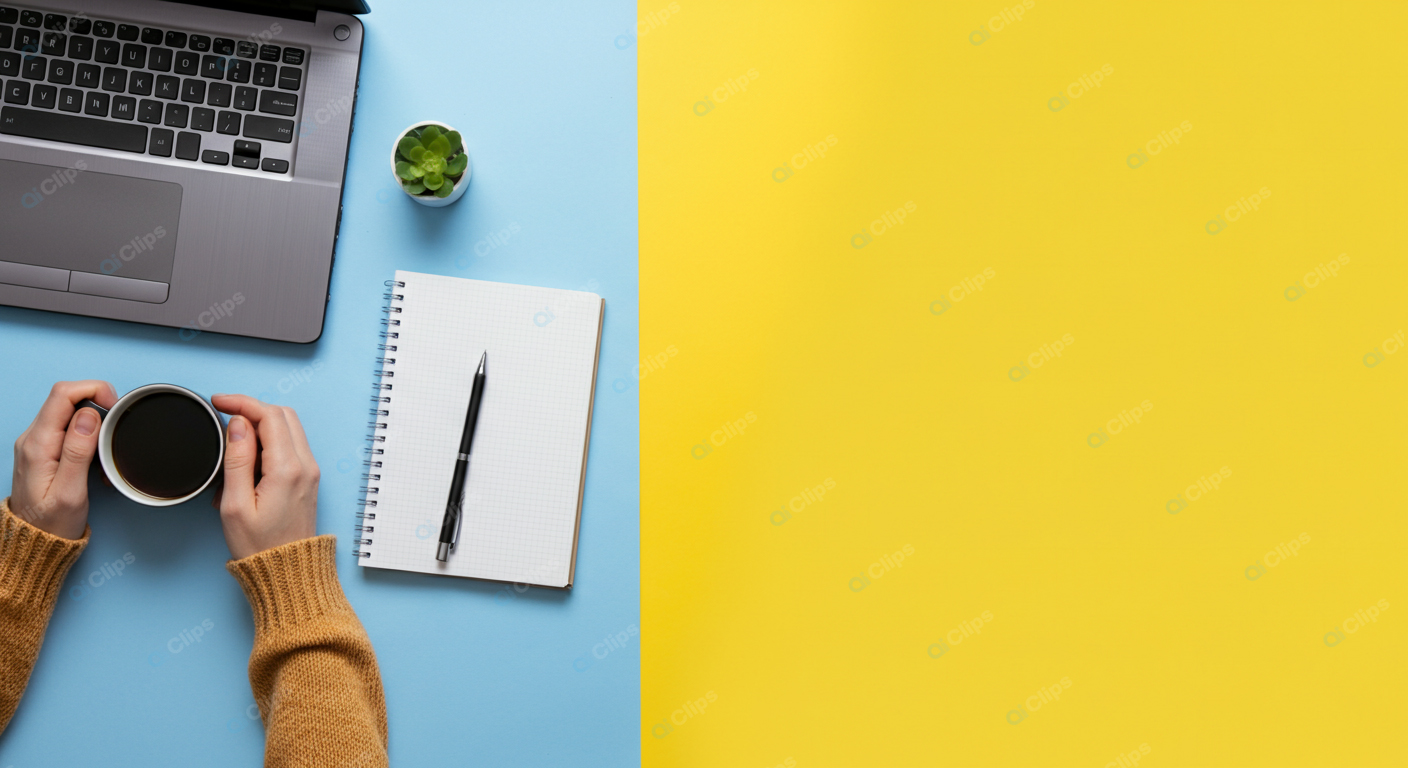 Workspace Desktop with Laptop and Coffee Cup on Colorful Background