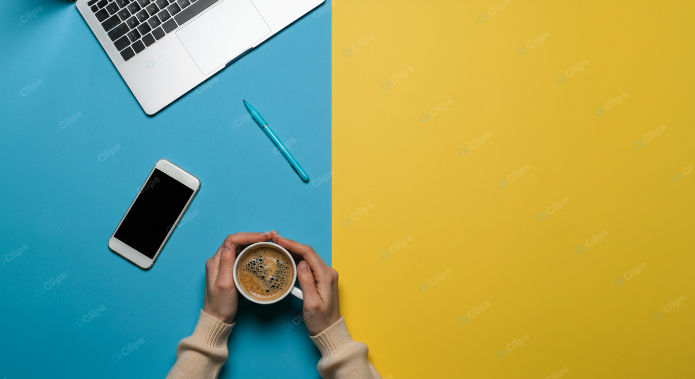 Laptop Workspace with Coffee, Smartphone, and Pen on Colorful Background