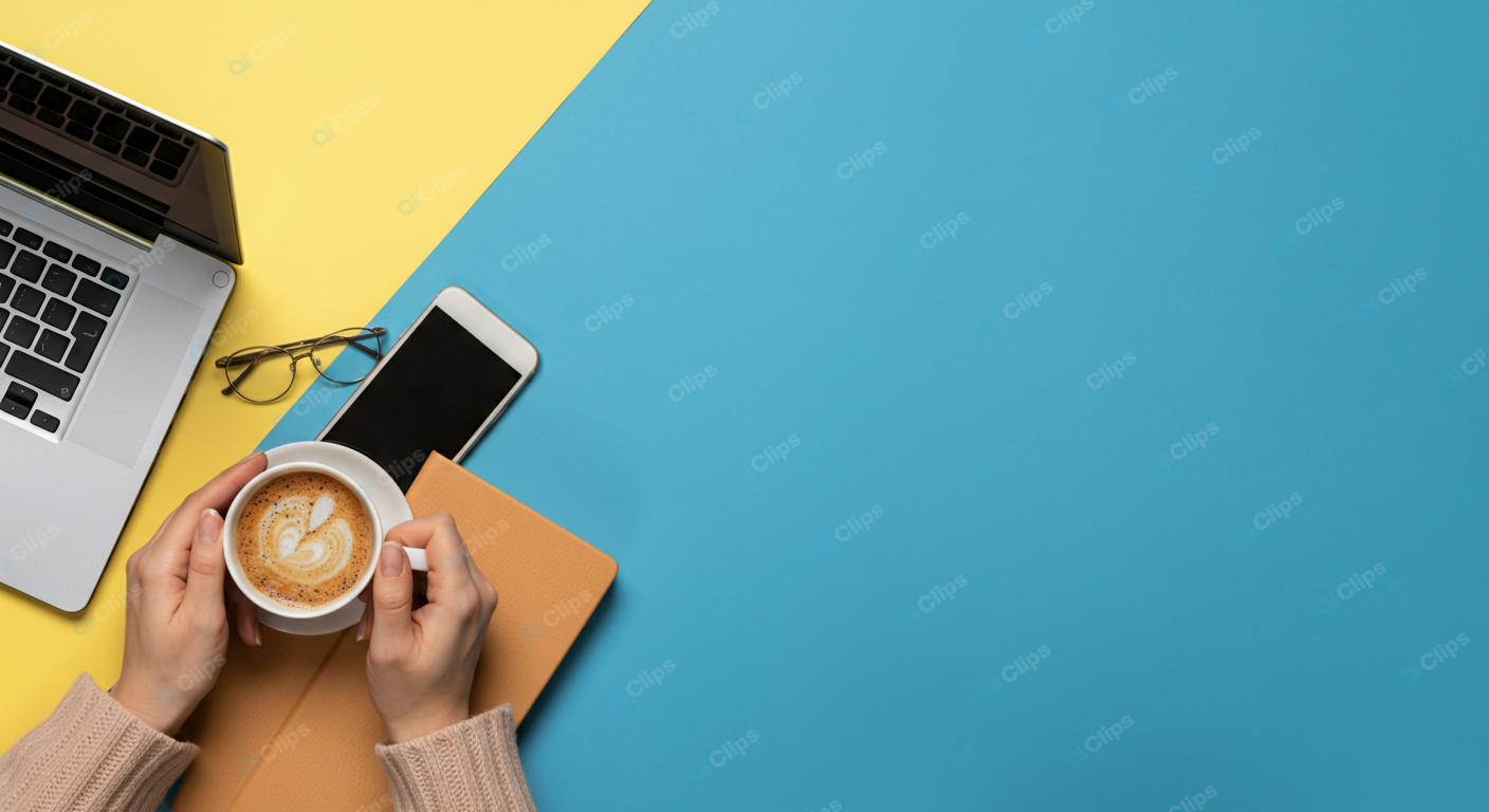 Workspace with Coffee, Laptop, and Smartphone on Bright Background