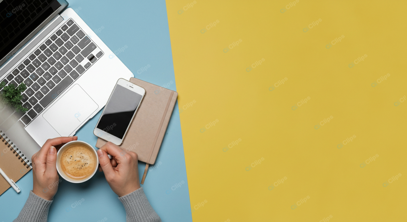 Top View Workspace with Laptop, Smartphone, and Coffee Cup