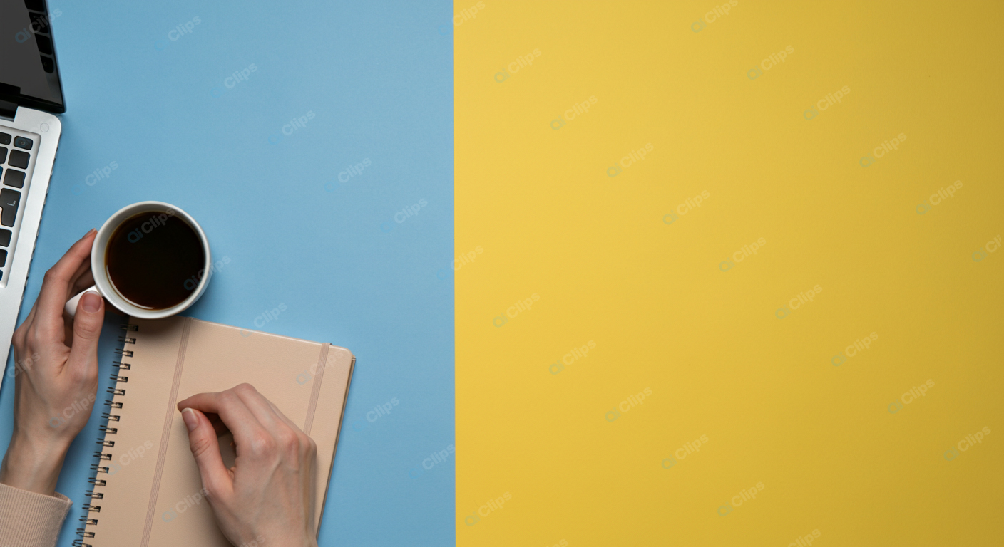 Coffee and Notebook on Colorful Desk Workspace