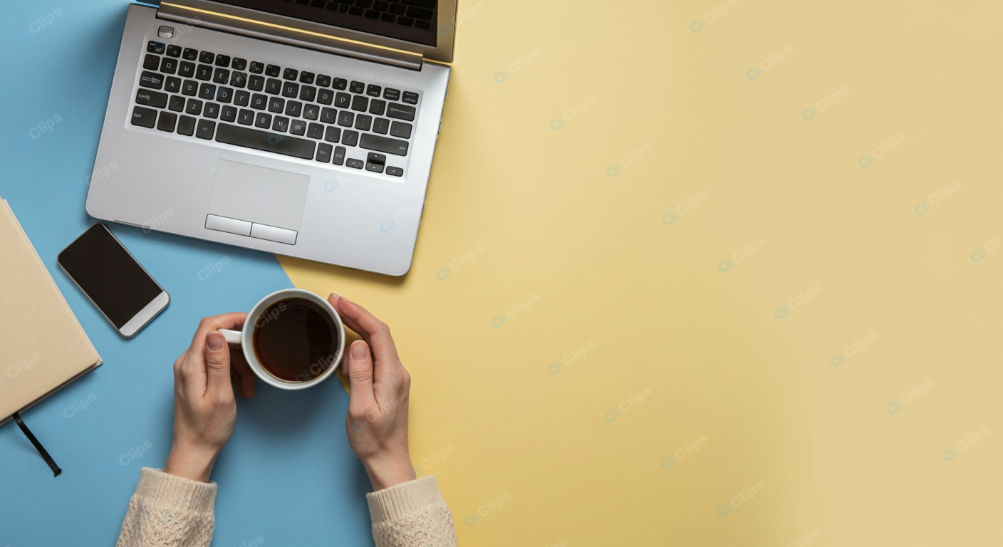 Laptop Workspace with Coffee and Smartphone on Colorful Background